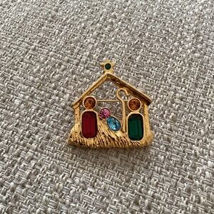 Vintage Camco Rhinestone Nativity Scene Brooch Christmas Cathedral Art Metal Co.